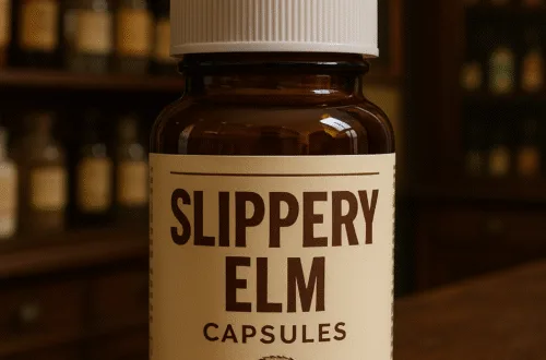 Slippery elm supplement bottle with capsules on a wooden counter inside a vintage apothecary pharmacy, symbolizing traditional herbal medicine and natural digestive health remedies.