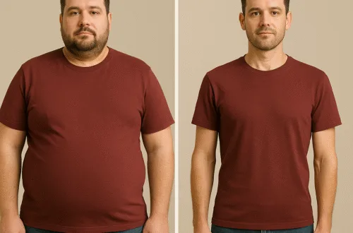Split-screen comparison of a man before and after 12 months of tirzepatide treatment and lifestyle changes, showing significant weight loss from a BMI of 40 to 28.