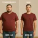 Split-screen comparison of a man before and after 12 months of tirzepatide treatment and lifestyle changes, showing significant weight loss from a BMI of 40 to 28.